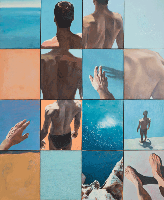 Diver, suspended in time, undecided, before diving into deep blue sea, body fragments, hands, rocks and splash